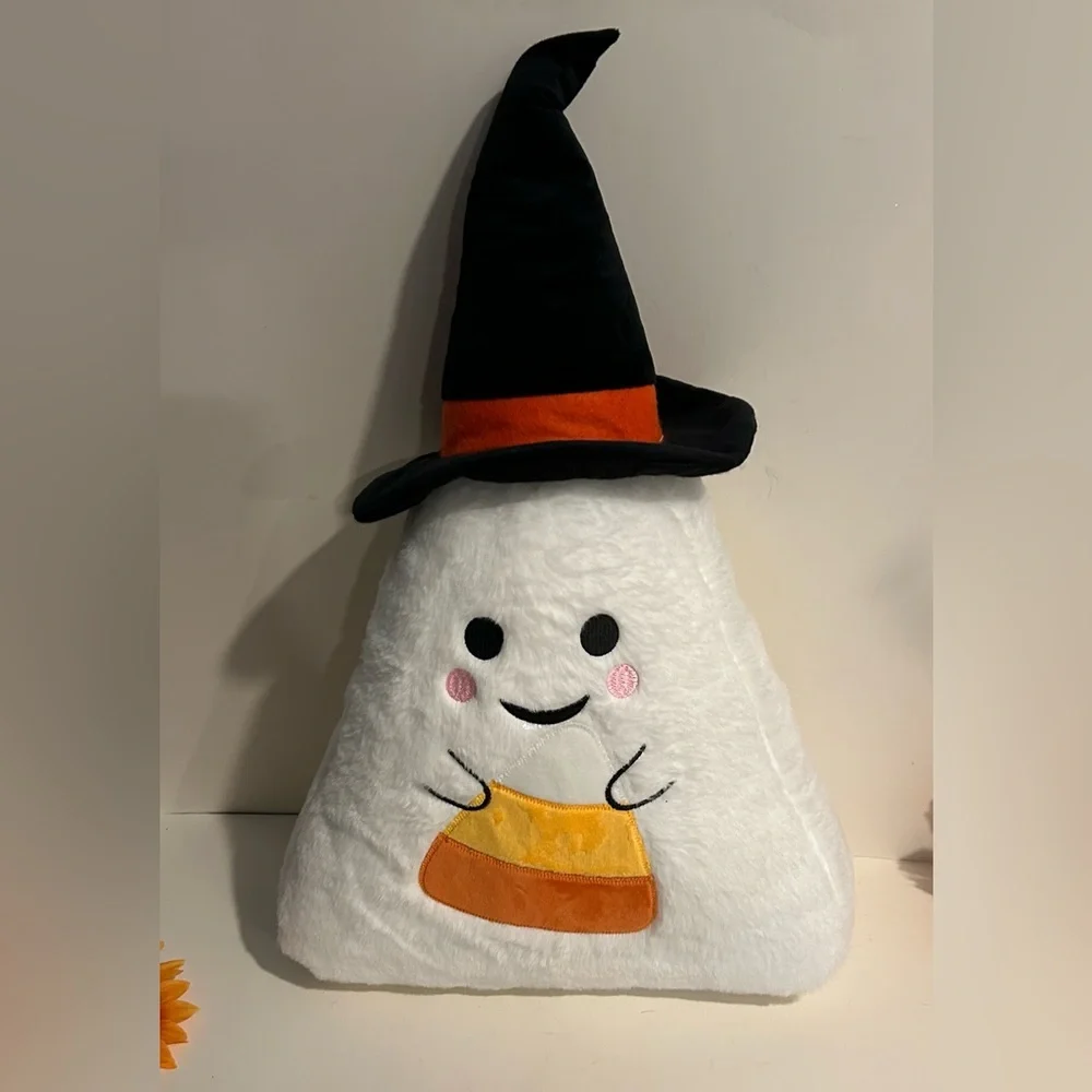 Halloween Candy Corn Ghost Throw Pillow Plush with Witch Hat New